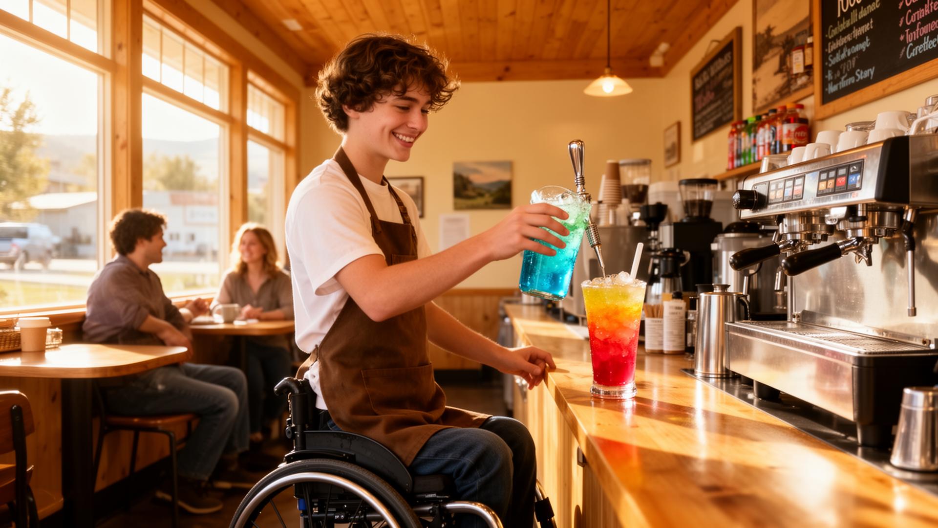Barista crafting a colorful soda inside The Daily Drip in Idaho